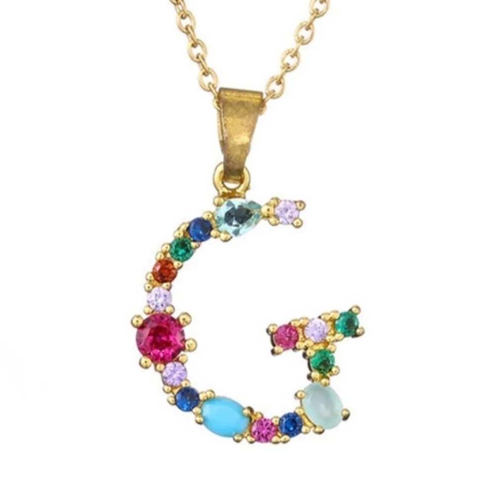 G Letter Pendant Necklace Multi-color Rhinestones Gold Tone Chain